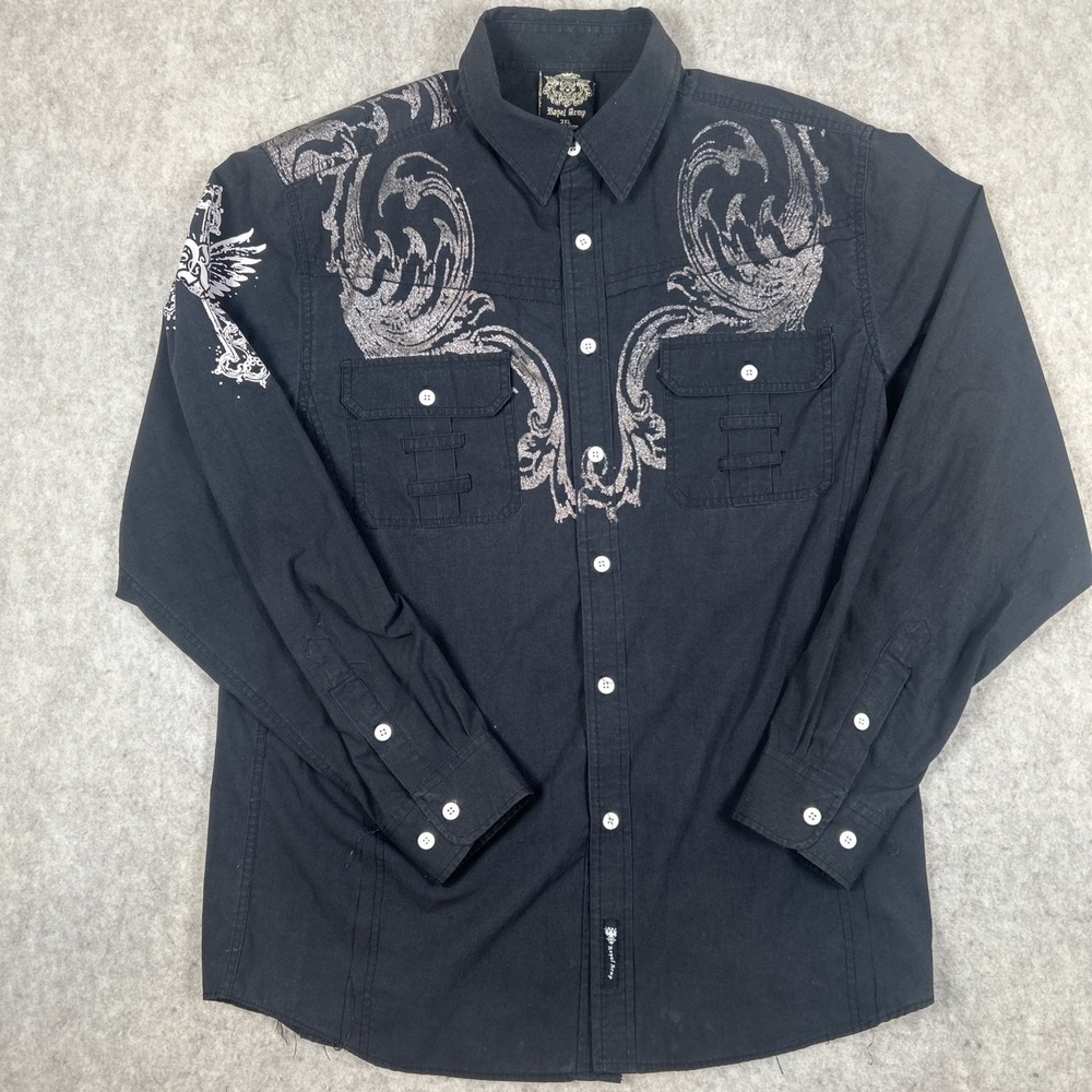 All Over Print Shirt Mens 2XL Black Long Sleeve Metallic‎ Print Button Up